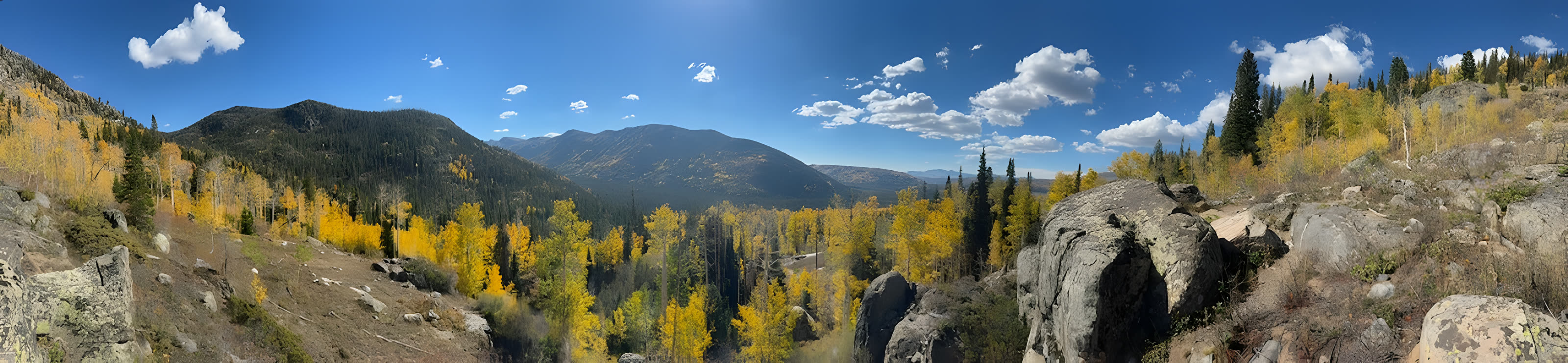 A wide fall panorama of golden aspens, dark spruce and granite boulders below forested mountains